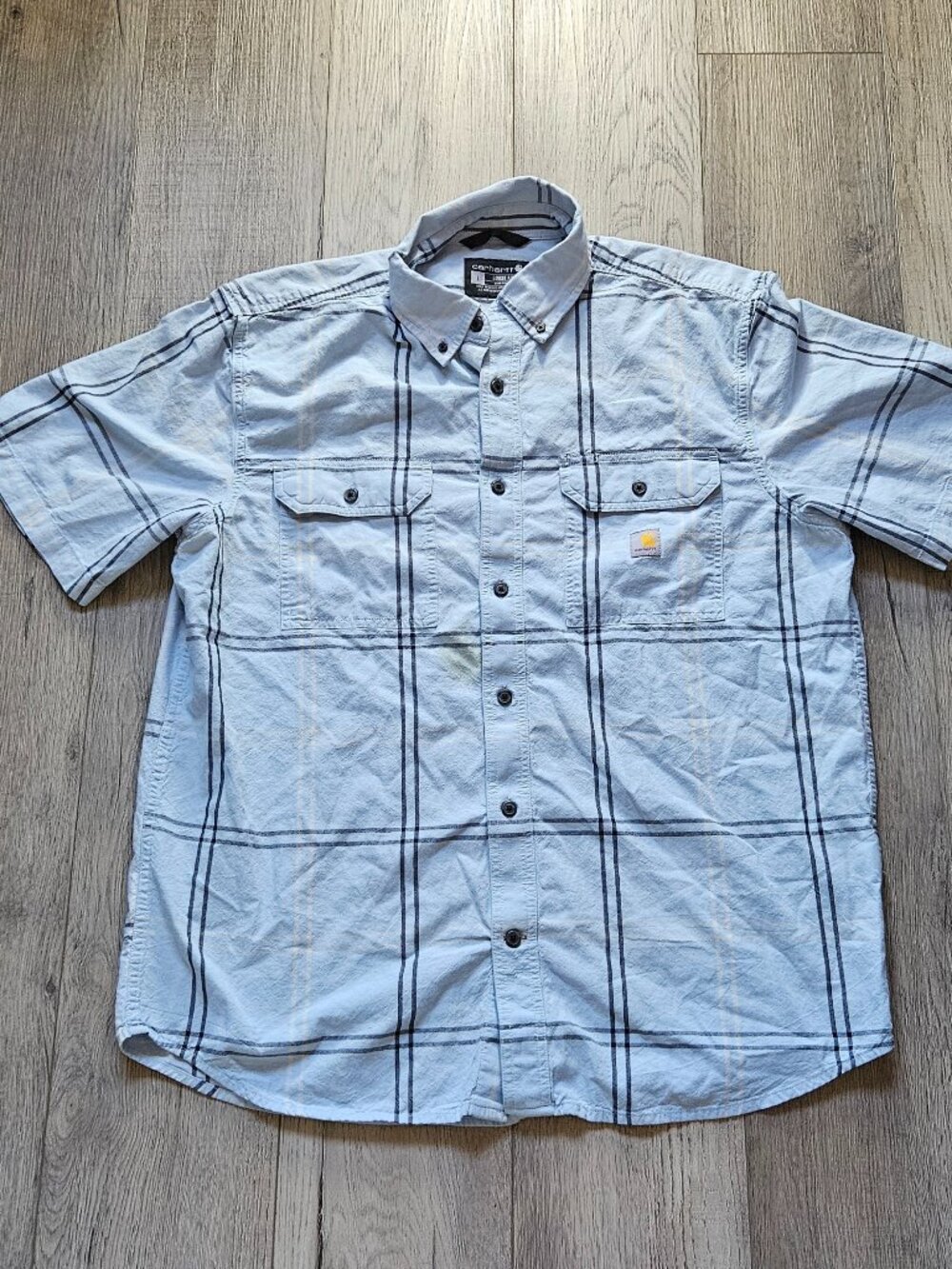 Men's Carhartt Loose Fit Light Blue Casual Plaid Short Sleeve Work Shirt Size L